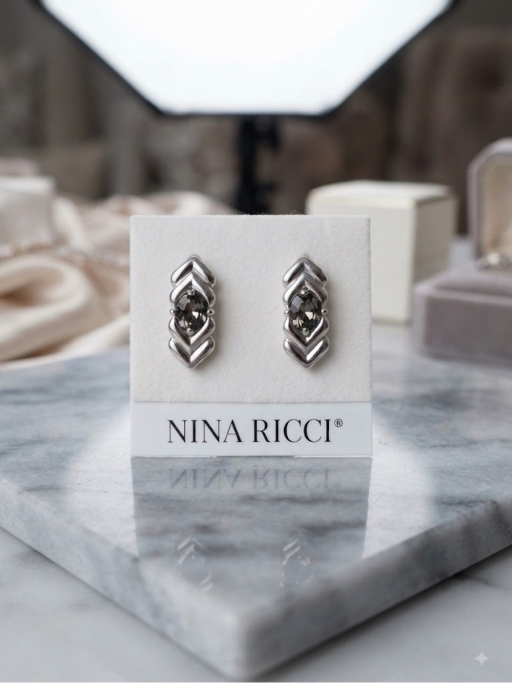 Nina Ricci Silver Chevron Smoky Crystal Stud Earrings